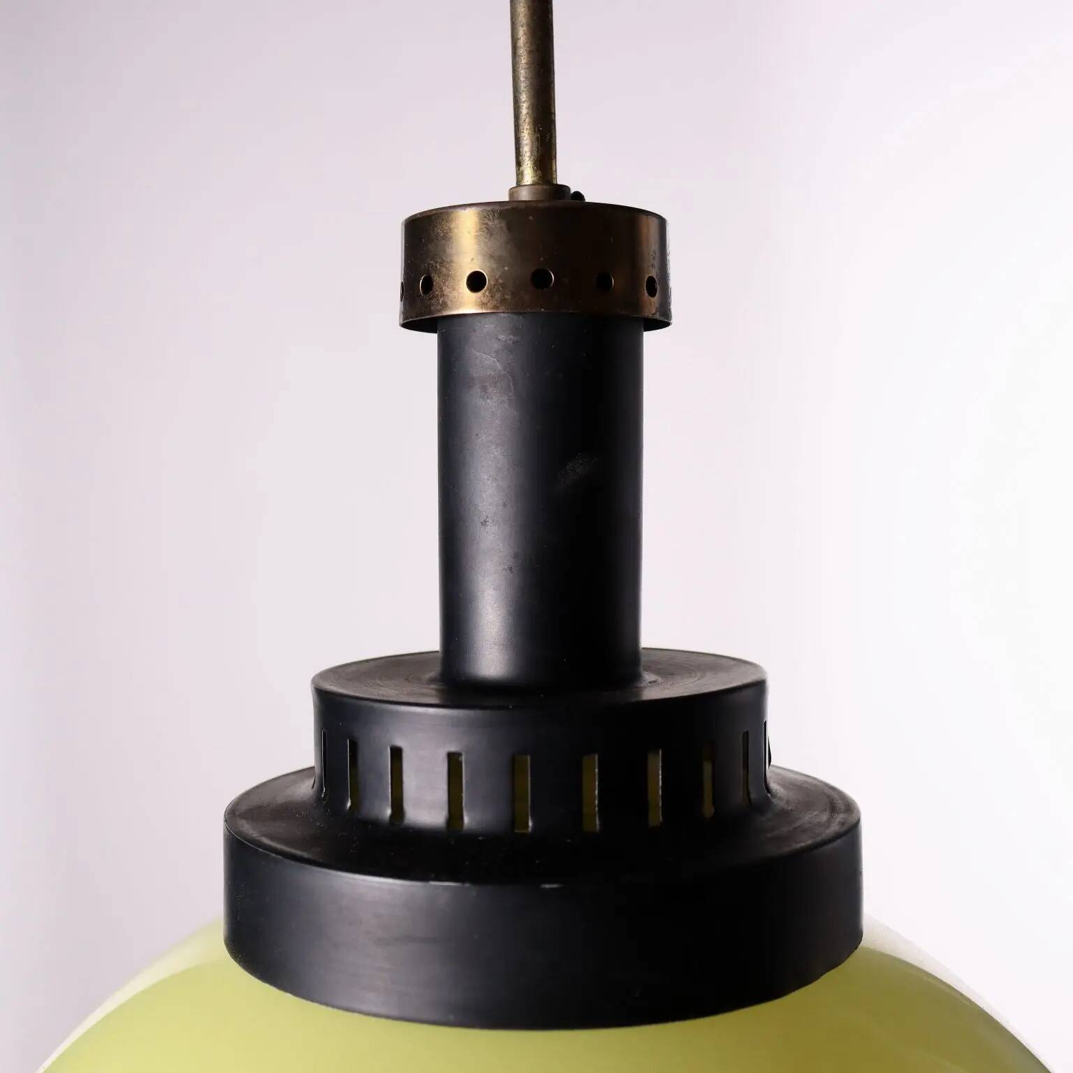 Enamelled aluminium ceiling lamp, brass, Italy, 1960s, Italian production.