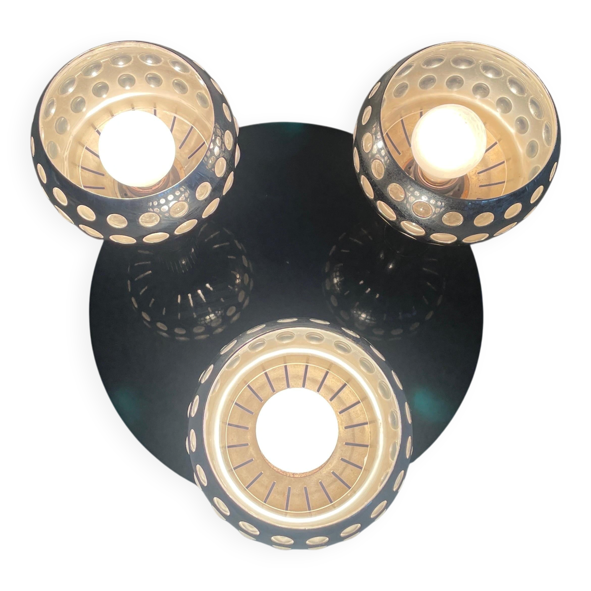 Mid-century ceiling light with 3 shades and wooden base, 1960s, Italy.