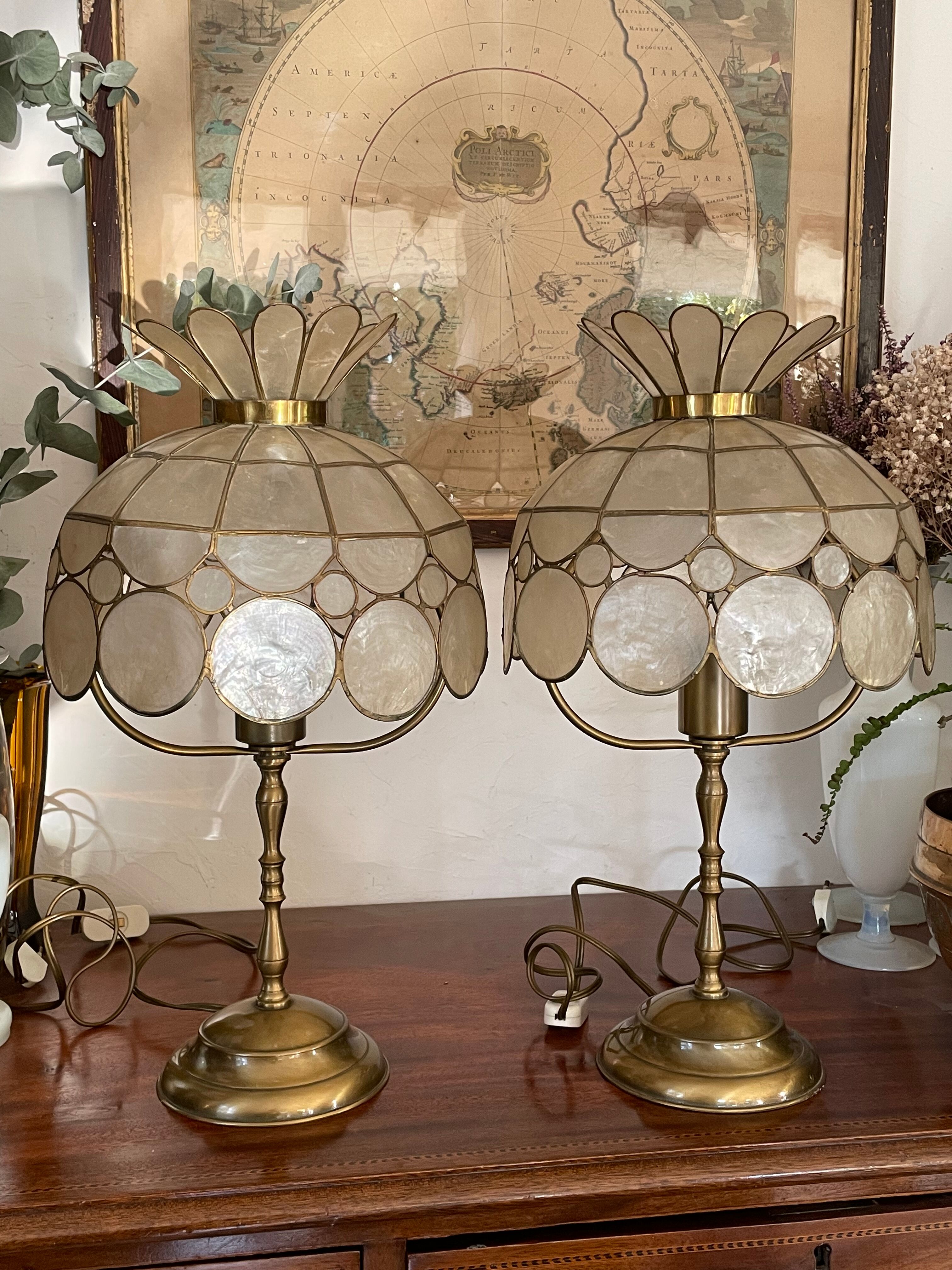 Pair of brass and mother-of-pearl lamps