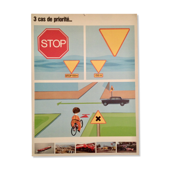 Affiche scolaire prévention routière 1970 3 cas de priorité