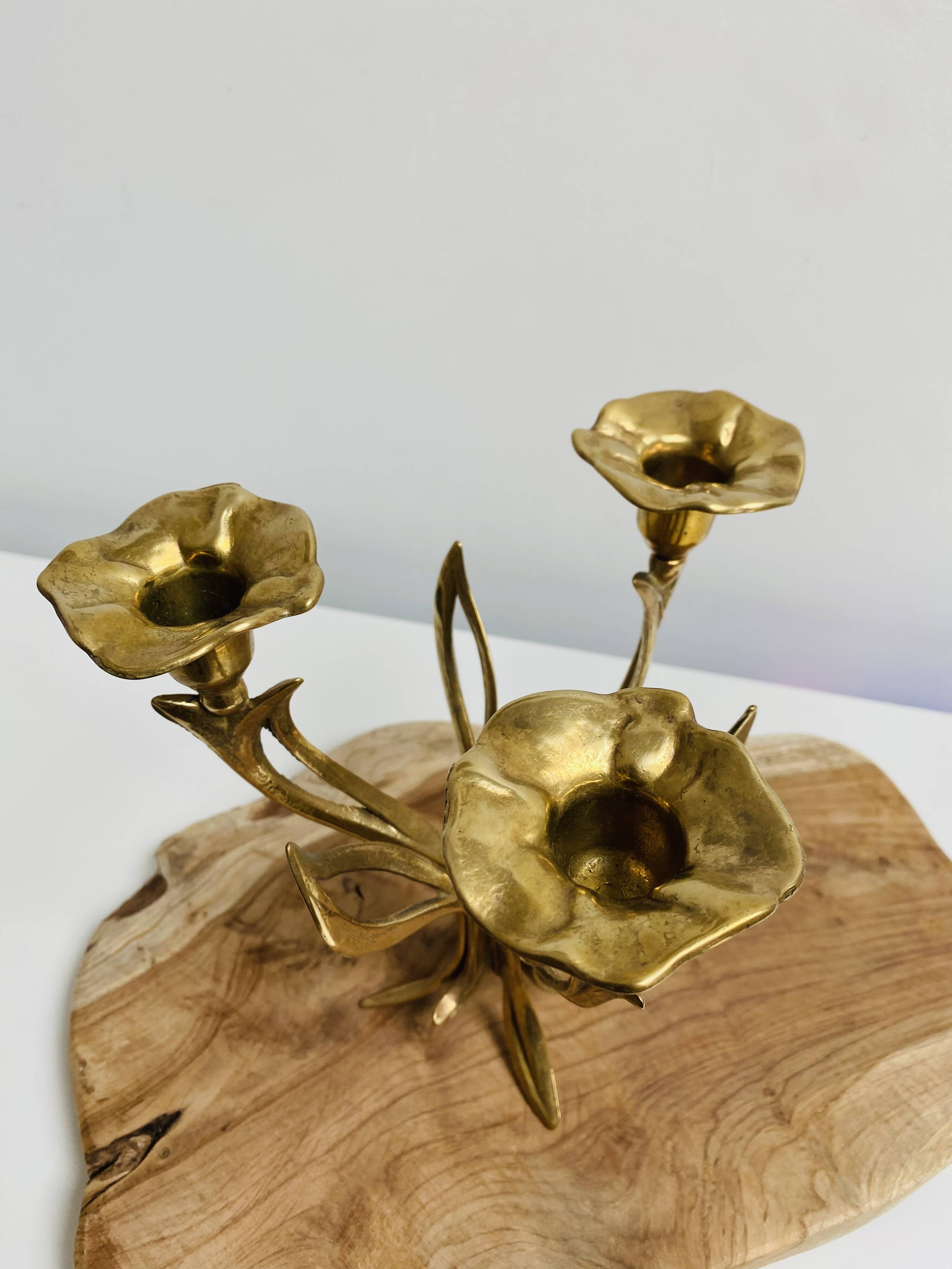 3-armed candlestick, brass flower bouquet