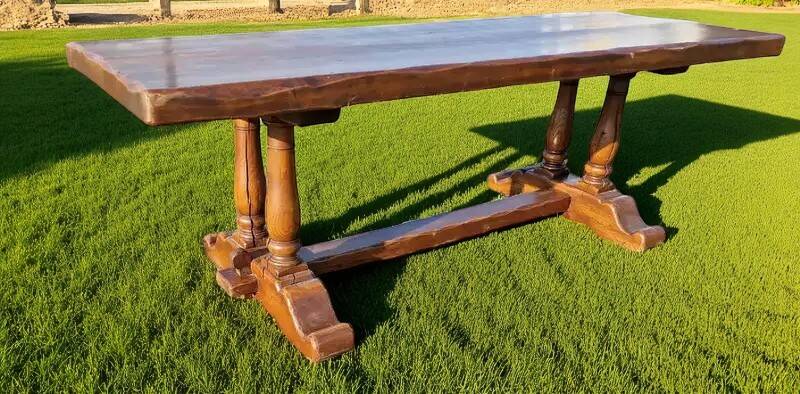Old farmhouse dining table, 2 benches, 2 chairs