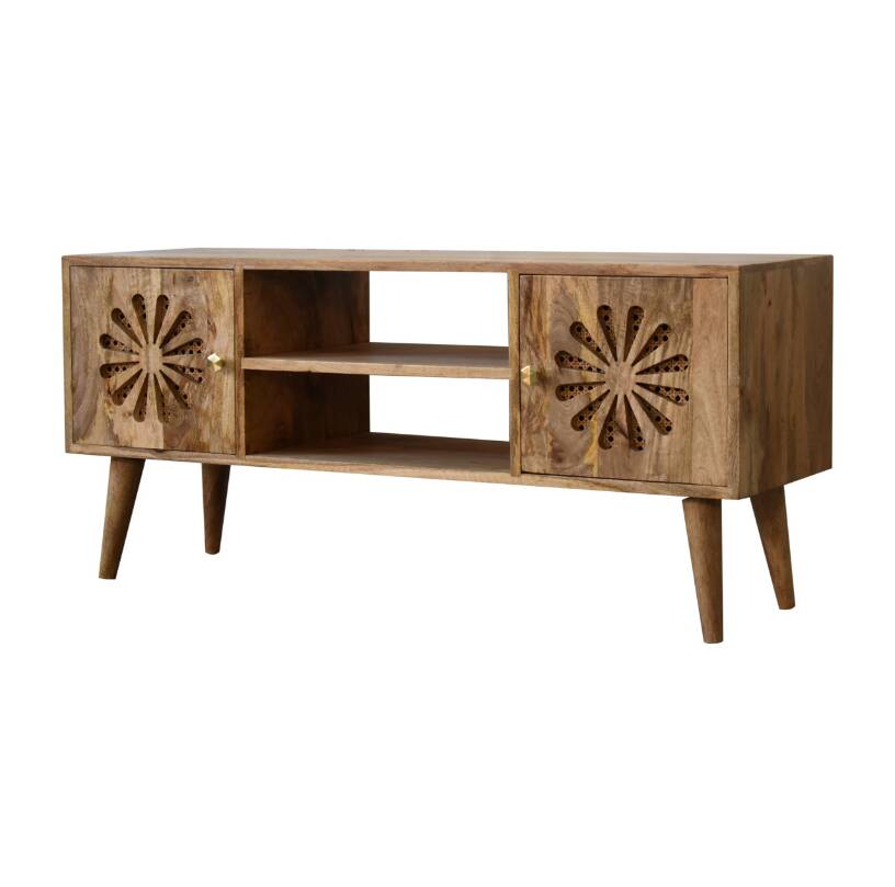 Rosalie Rattan and Solid Mango Wood Media Unit, Modern Console with Cut-Out Petal Design, Brass Knob