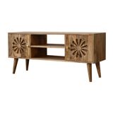 Rosalie Rattan and Solid Mango Wood Media Unit, Modern Console with Cut-Out Petal Design, Brass Knob