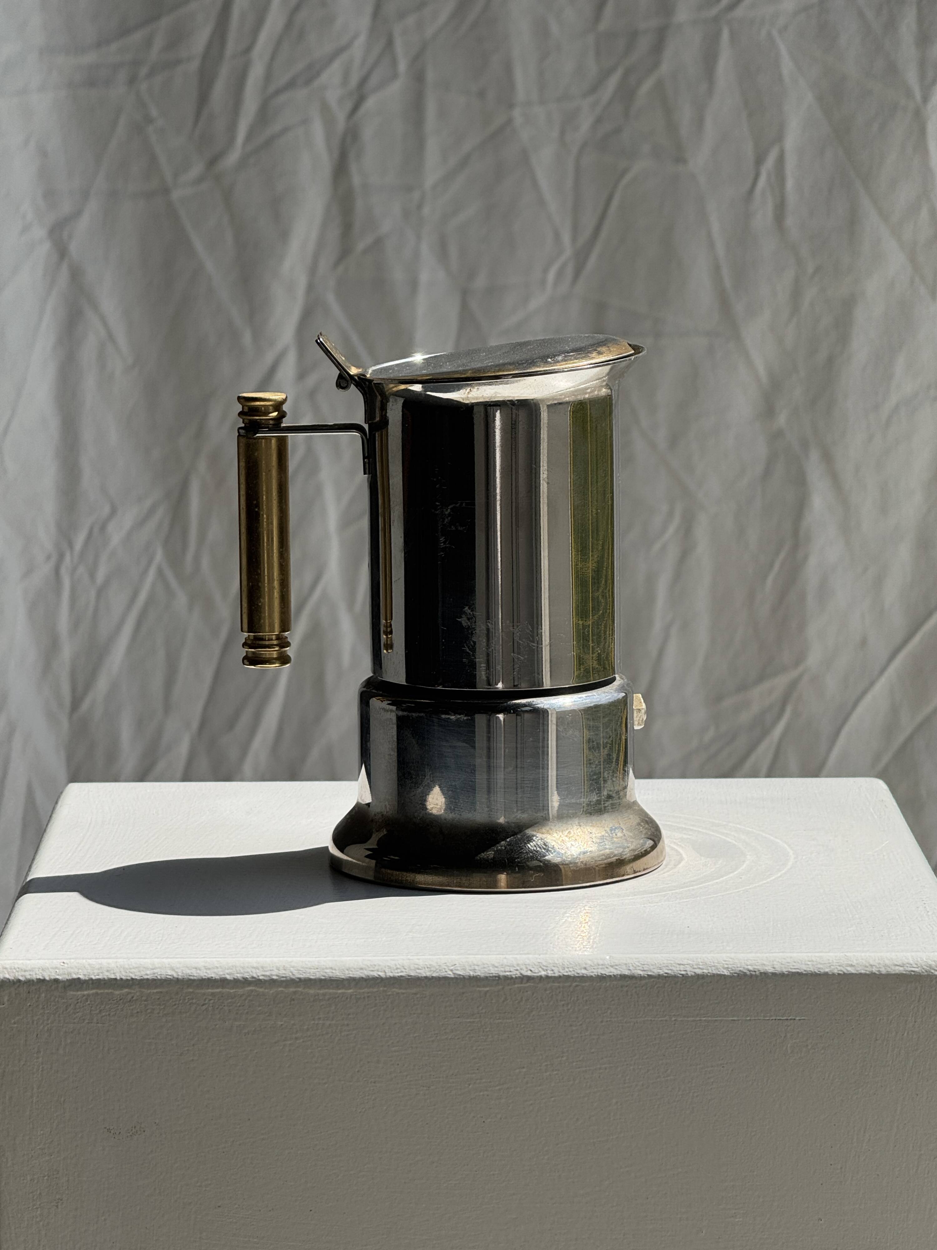 Small silver and gold Italian coffee maker Alpu-F Puppieni in stainless steel