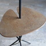 Tripod floor lamp with wooden "pallet" shelf, 50s