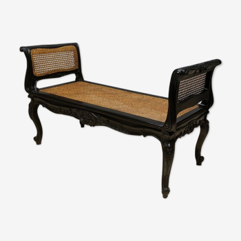 Banquette " bout de lit " style Louis XV patinée noir cannage banc