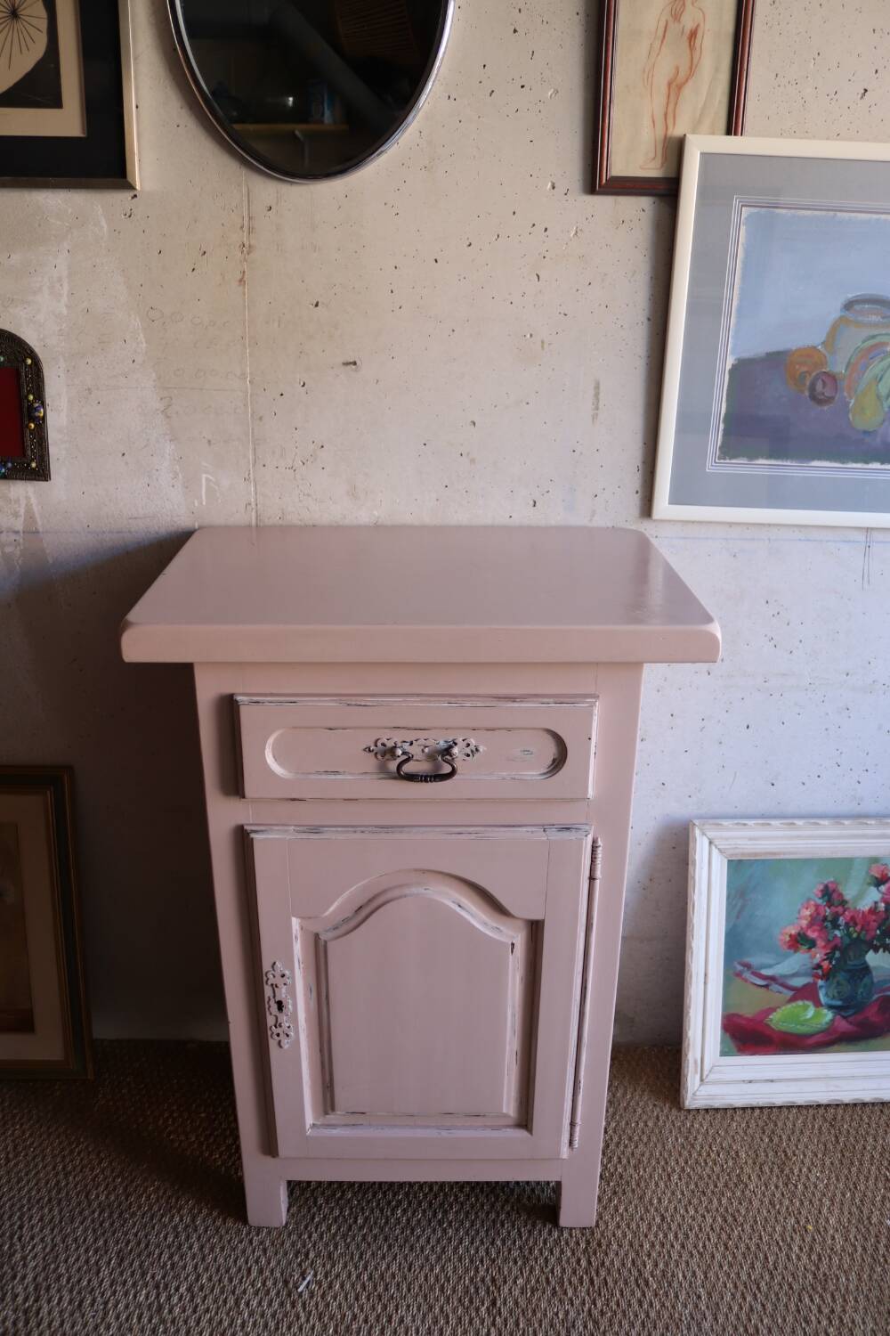 Old high jam bowl in pink painted solid wood