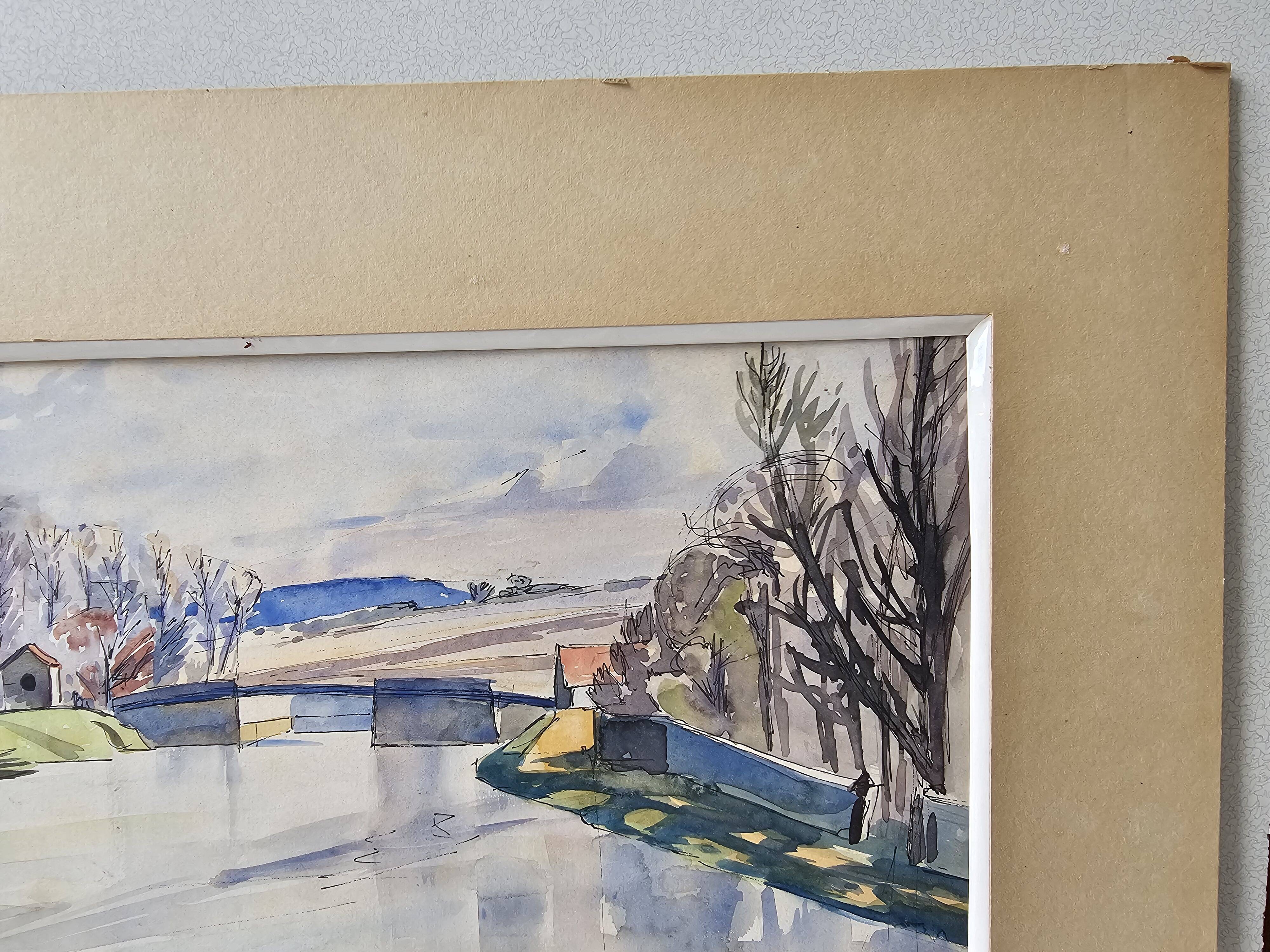 Watercolor on cardboard frame, canal view, signed Jean. Signature to be identified.