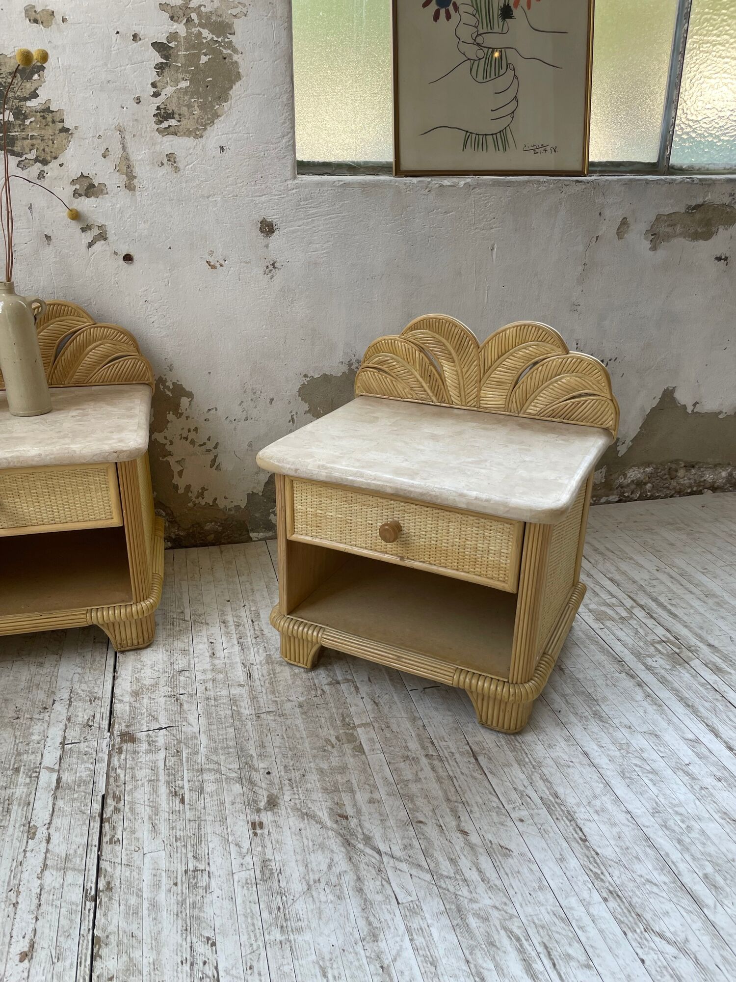 Pair of travertine bedside and rattan palm tree "vivai del sud"