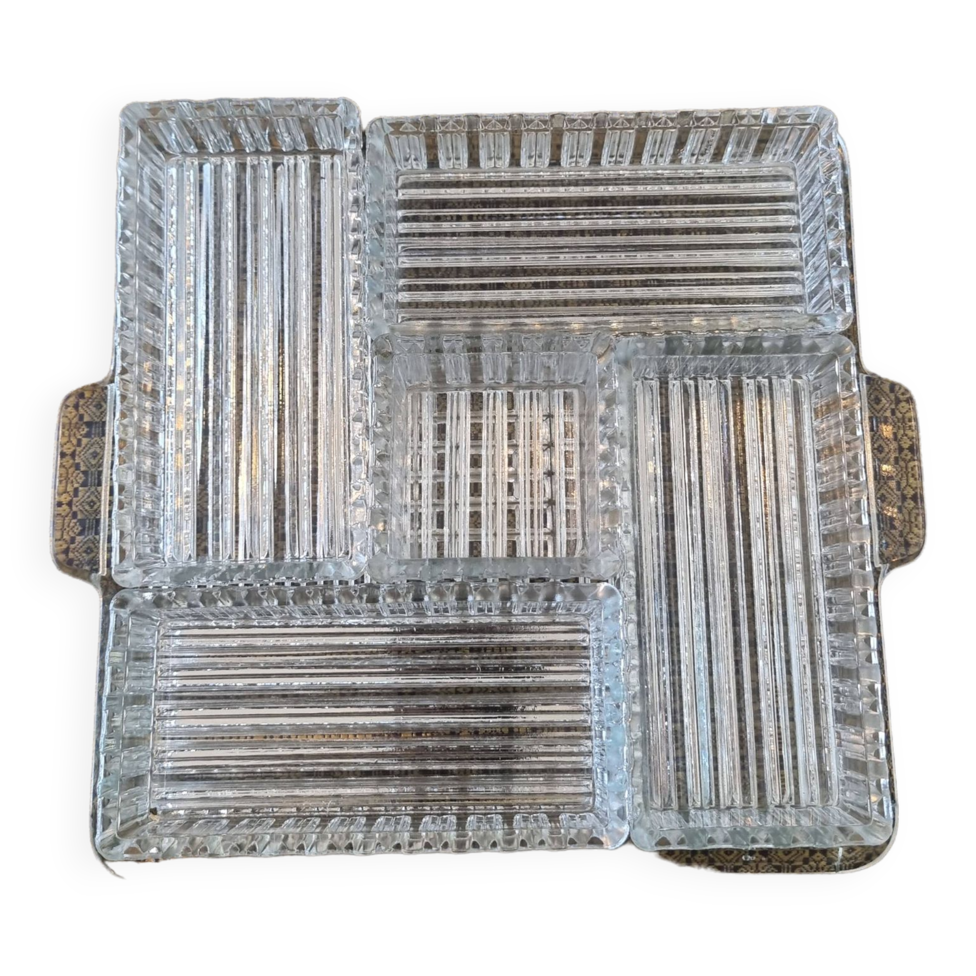 Large 6-piece aperitif tray in French molded rock crystal from the 50s and 60s