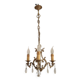French Vintage Bronze Art Nouveau 3 Light 3 Sided Crystal Cage Chandelier