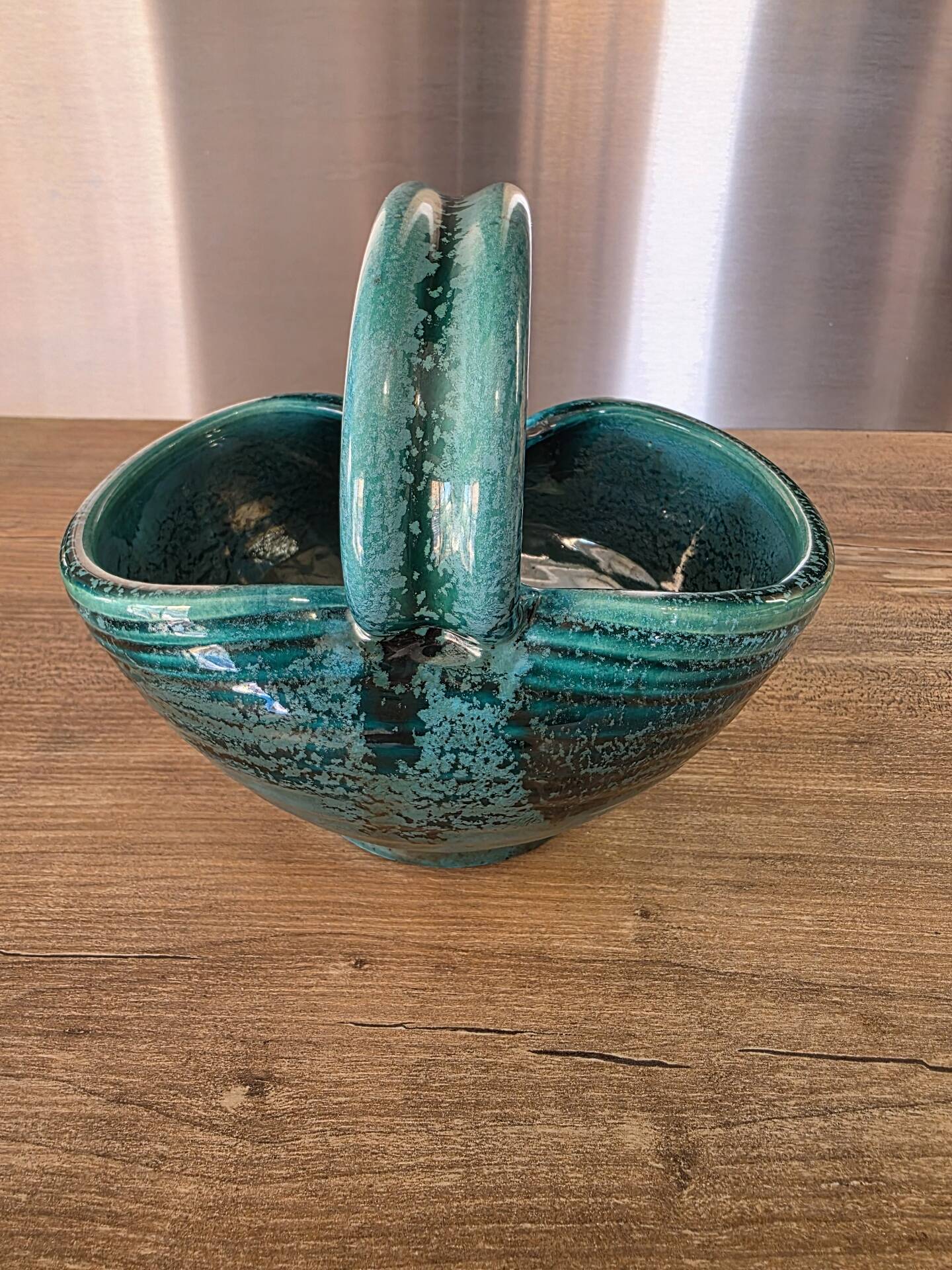 Vintage ceramic basket Accolay turquoise Signed Bull's Head X.C