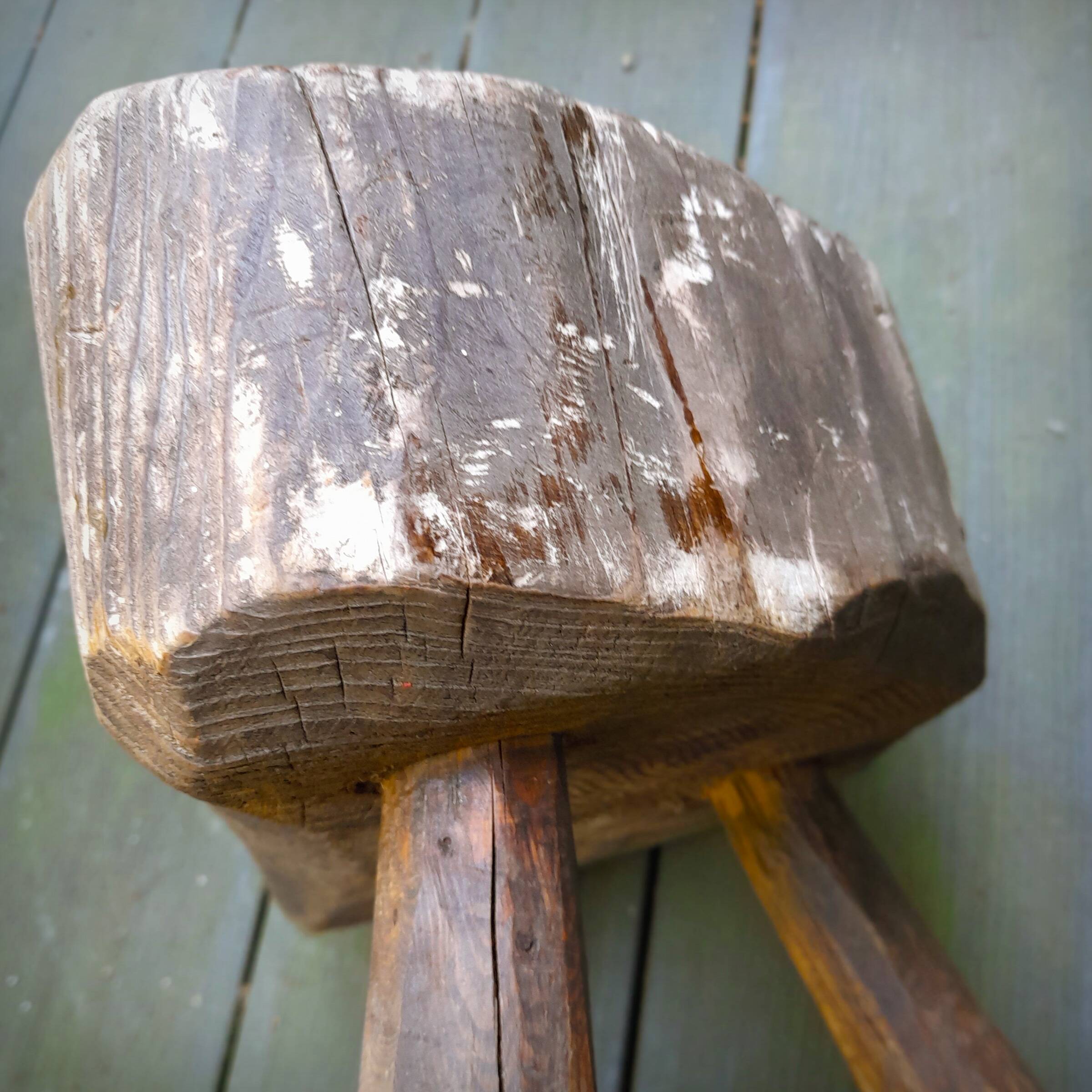 Pair of brutalist tripod stools in grayed pine. France, 1950s
