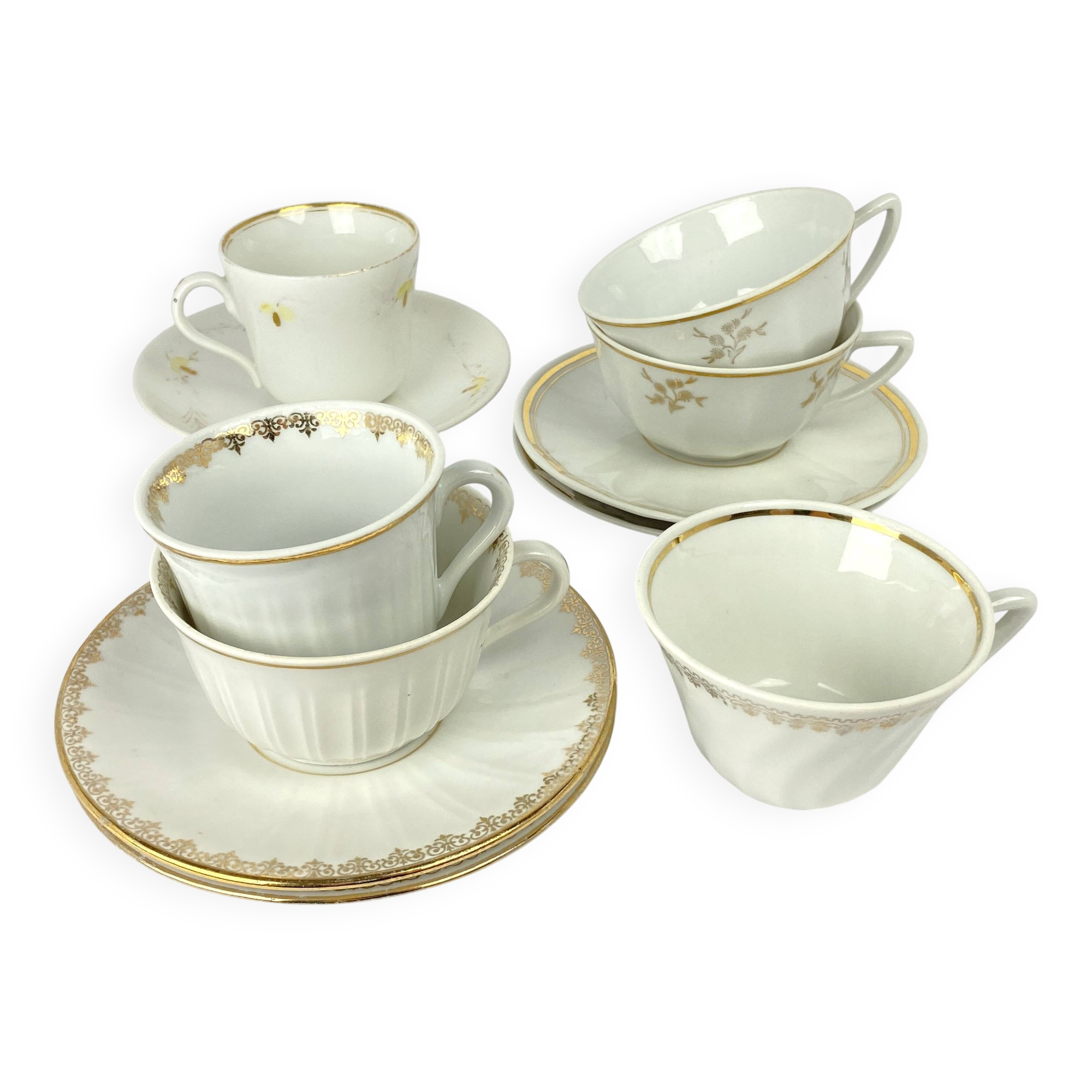 Vintage Mismatched Set of 6 Porcelain Cups and 5 Saucers - Gold