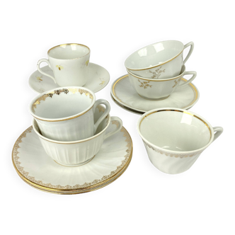 Vintage Mismatched Set of 6 Porcelain Cups and 5 Saucers - Gold