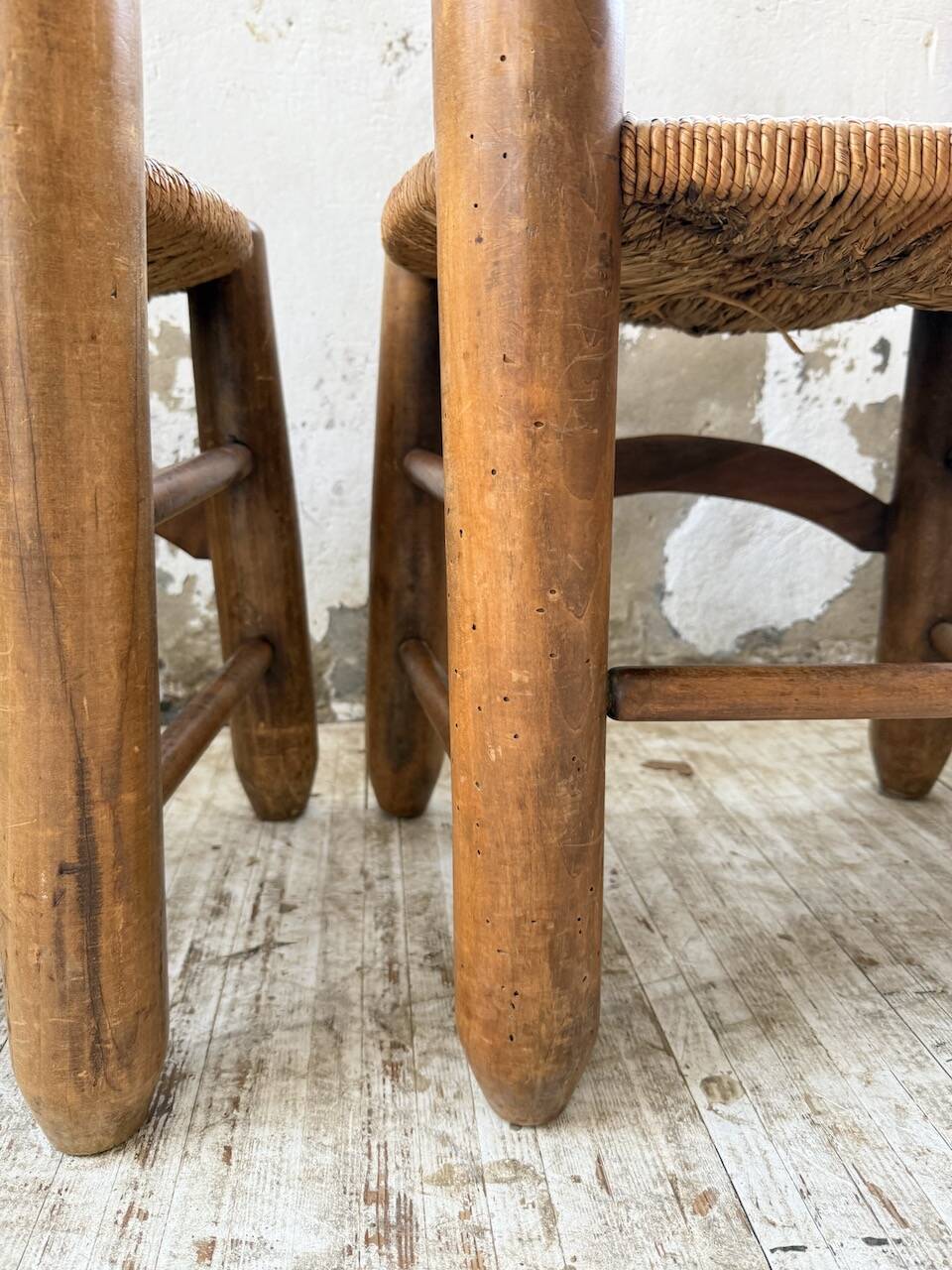 Set of 4 oak and straw chairs Dudouyt 1940