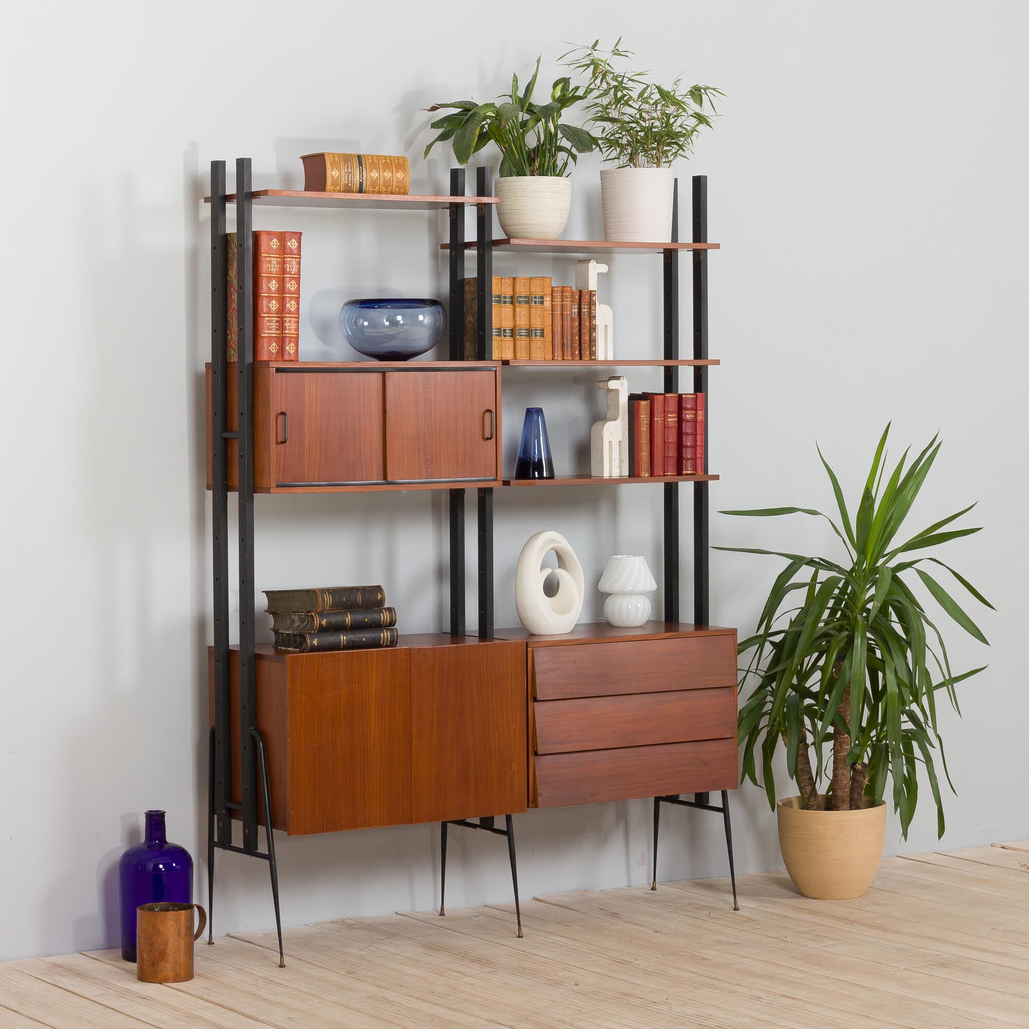 Italian mid century 2 bay teak wall unit free standing, 1960s