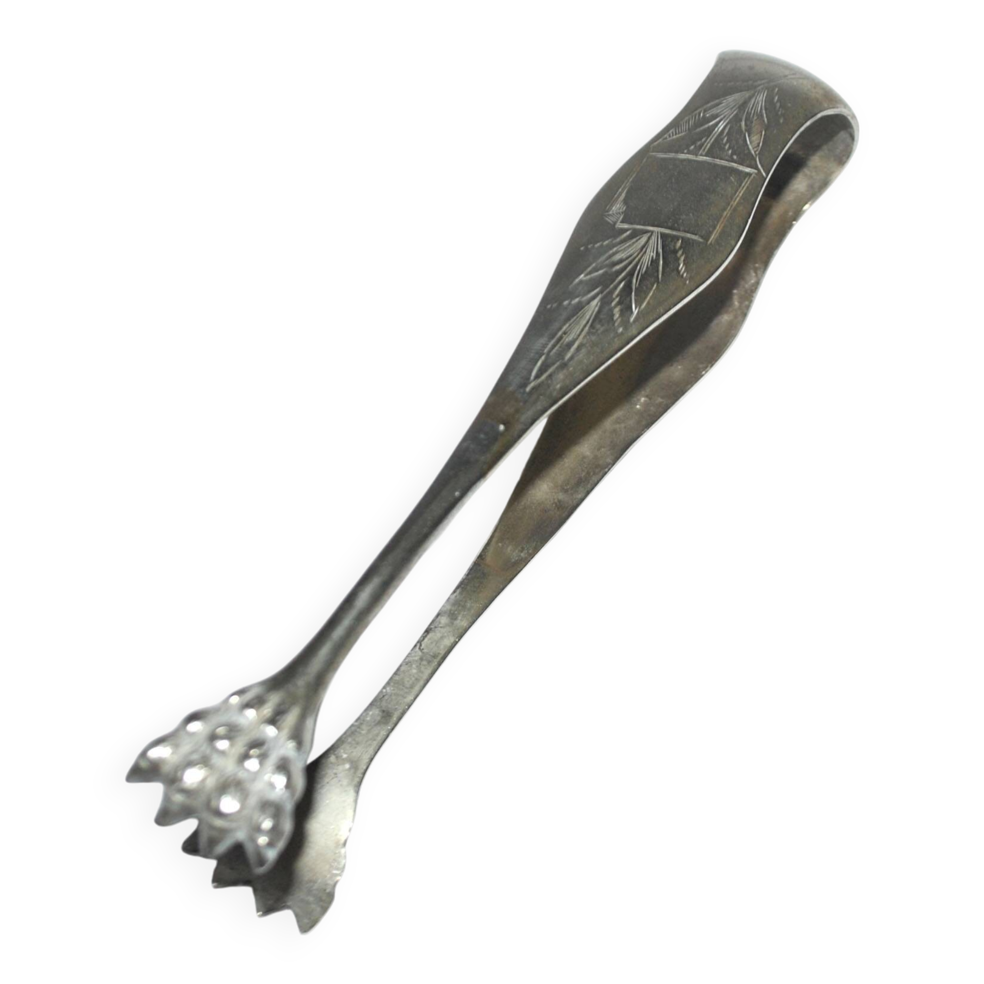 Vintage engraved silver metal lion claw sugar tongs