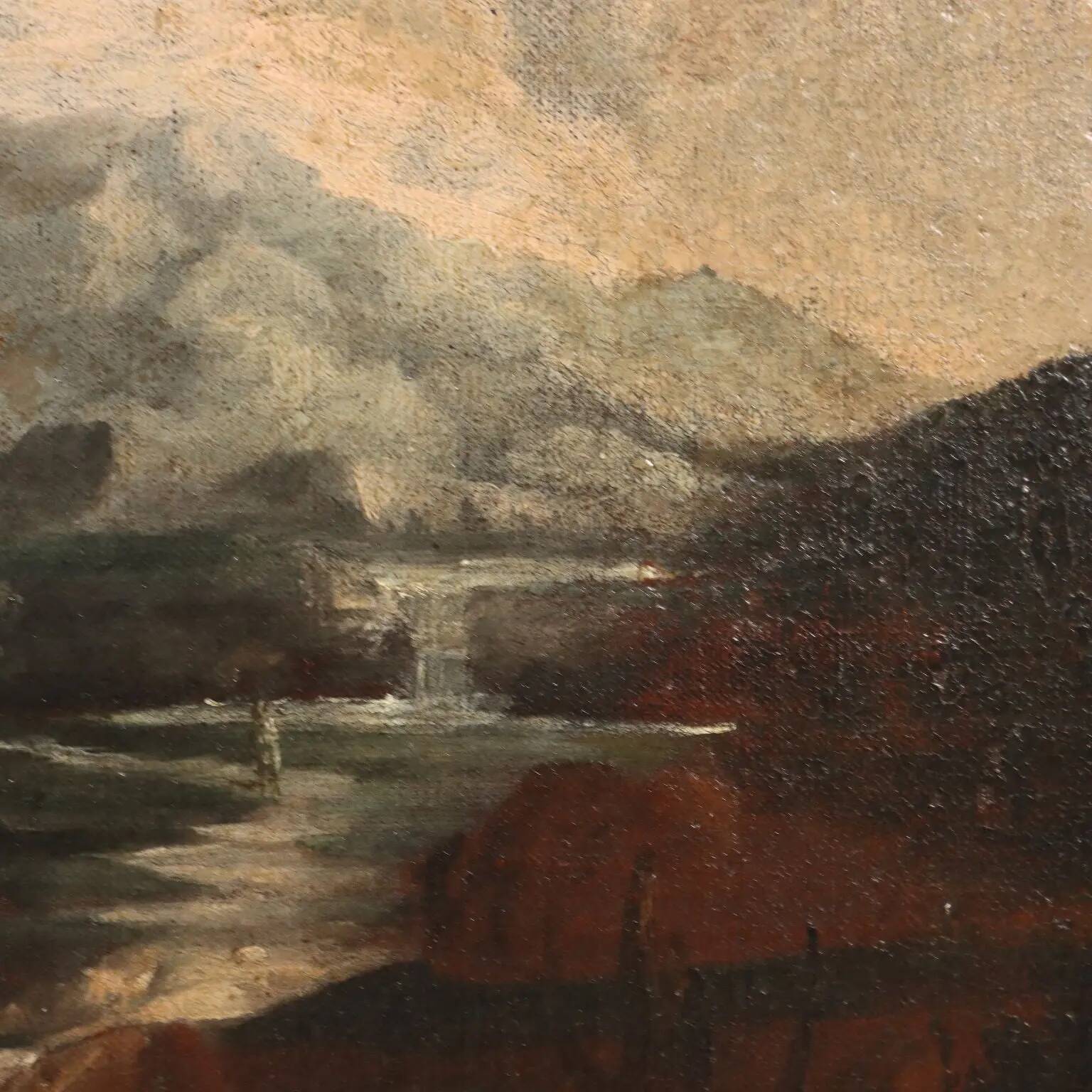 Old painting of landscape and figures, oil on canvas, 18th century.