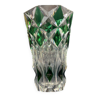 Cut crystal vase with green lanceolate overlay decoration signed SAINT LOUIS