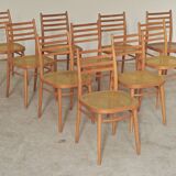 Set of 10 Bystrice tone wooden and caned chairs from the 1960s.
