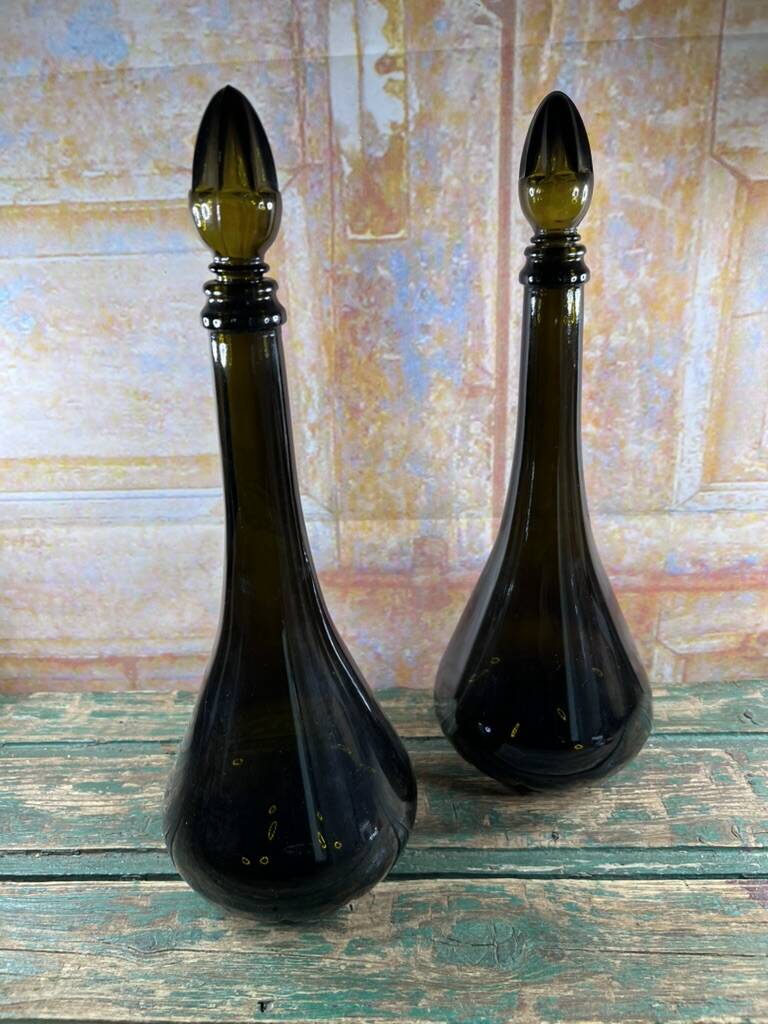 Pair of vintage tinted glass carafes – elegant silhouette – May spirit