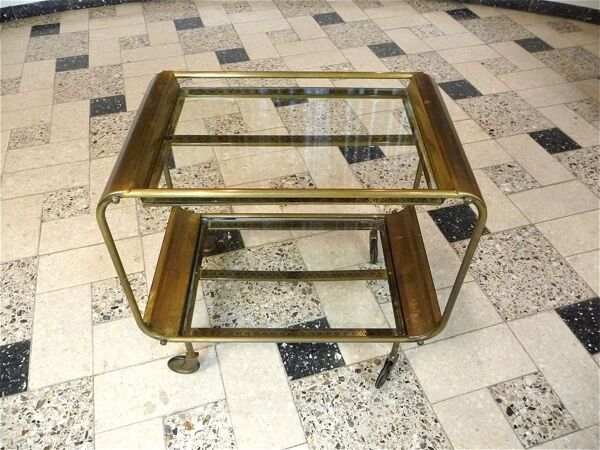 Chariot de bar ou chariot de service de style Art Déco en laiton et verre, France années 1930.