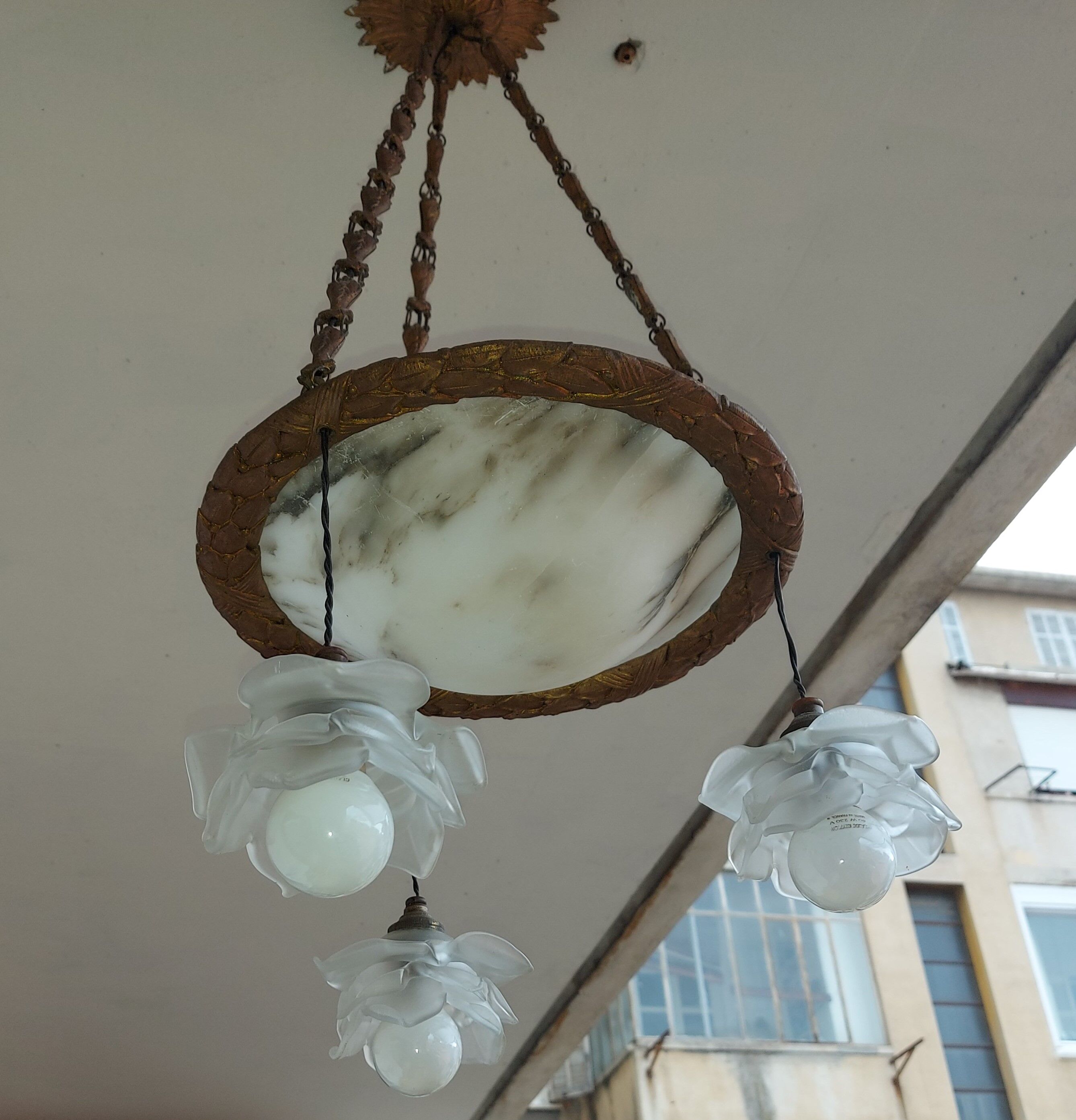 art nouveau chandelier, alabaster shells, molded glass and bronze