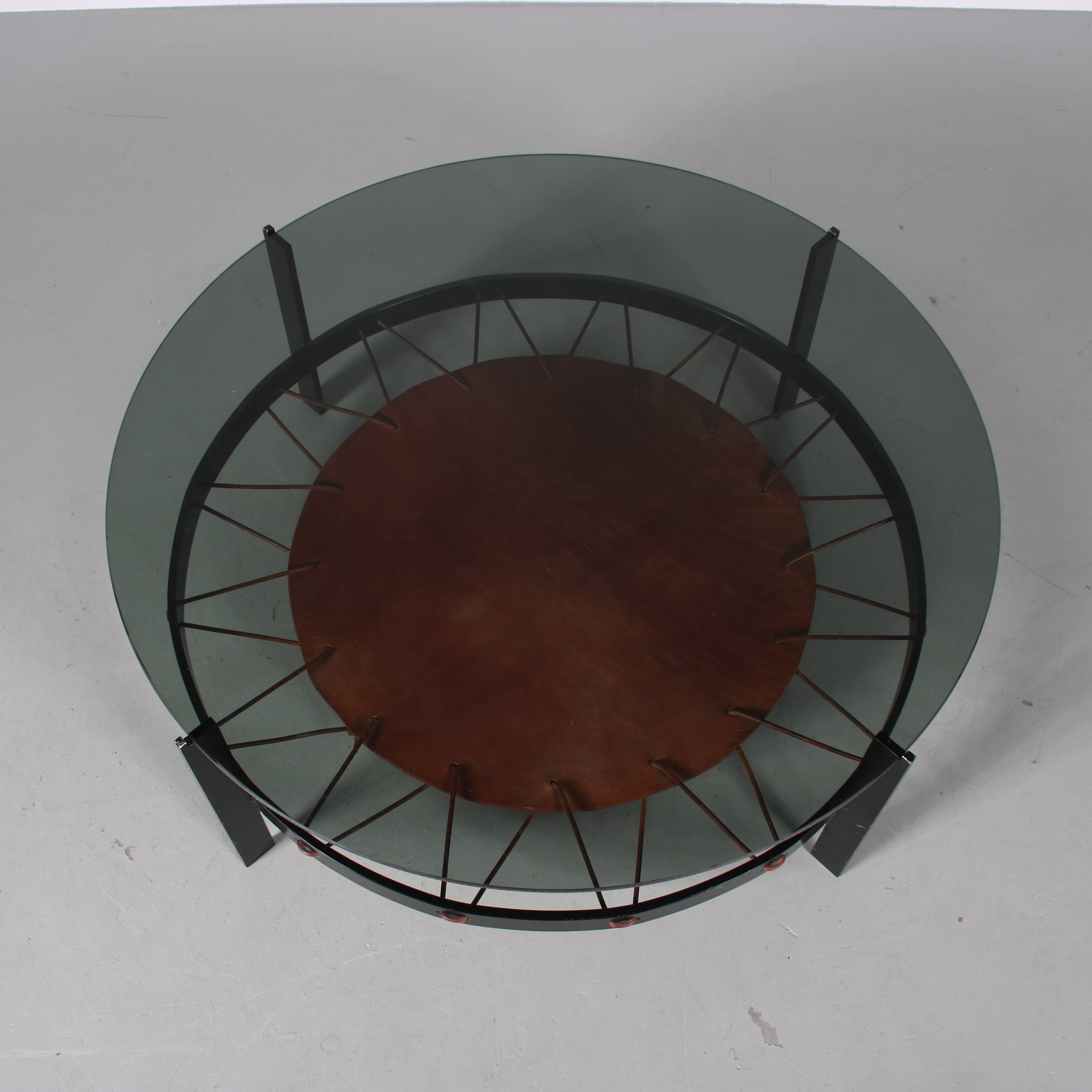 1950s dutch design coffee table with leather magazine rack