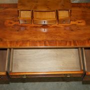 Vintage English walnut burr dressing table with mirror and chair.