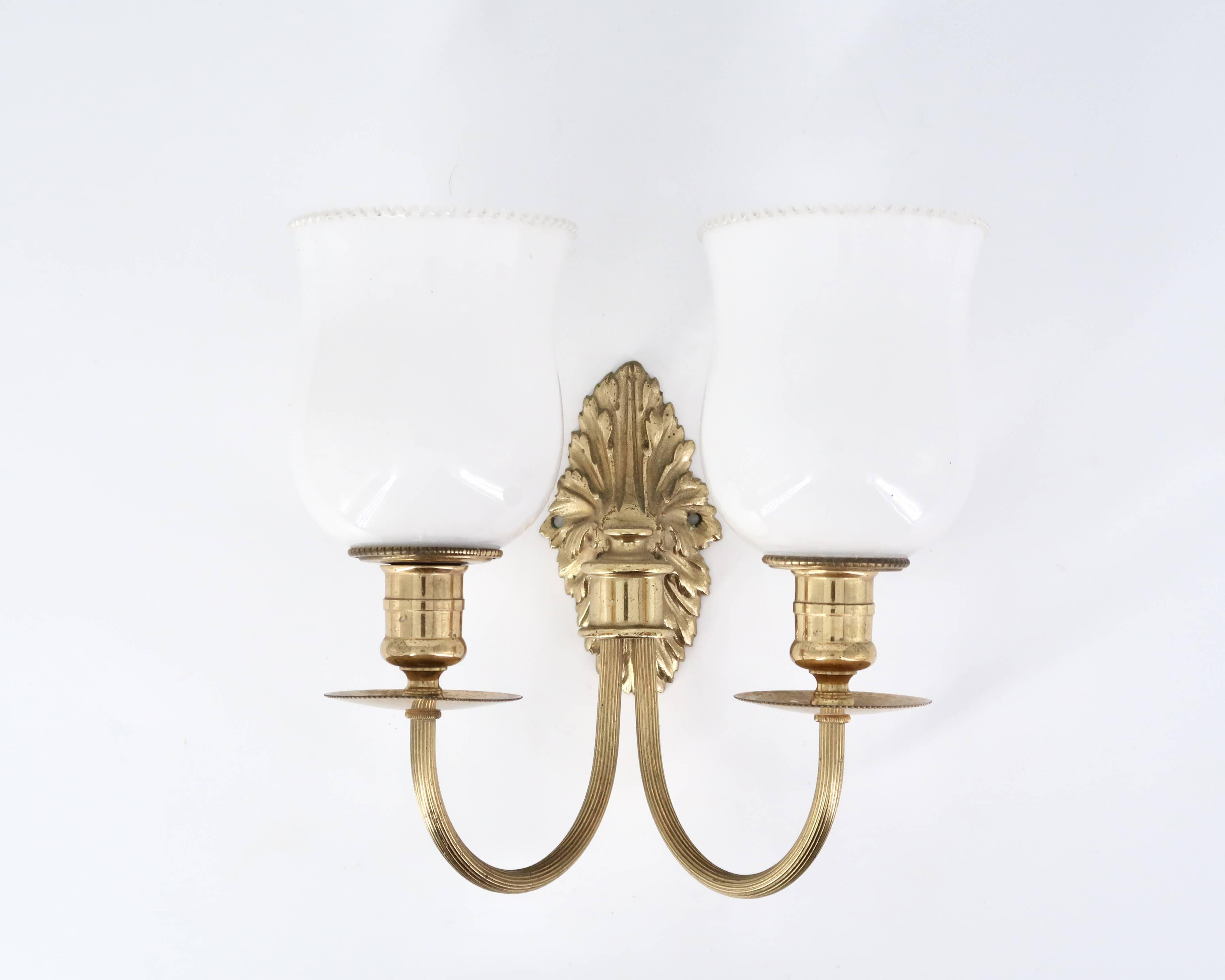 Three wall lights in brass and opaque glass, 1950s