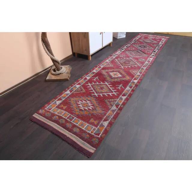 Vintage Turkish Hand-Knotted Wool Cotton Red Runner Rug 83x384