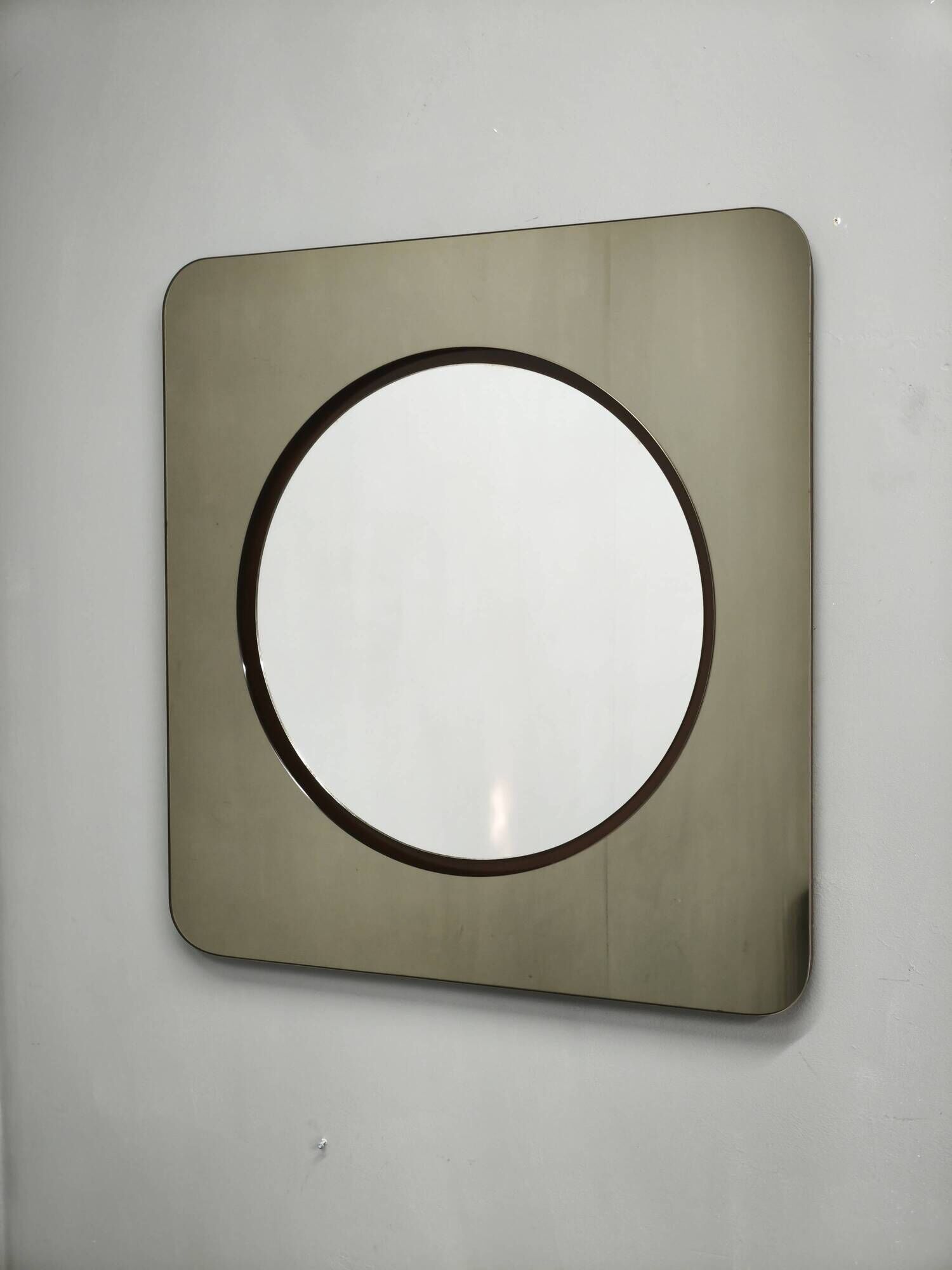 1970s Italian Space Age Smoked Glass and Circular Wall Mirror