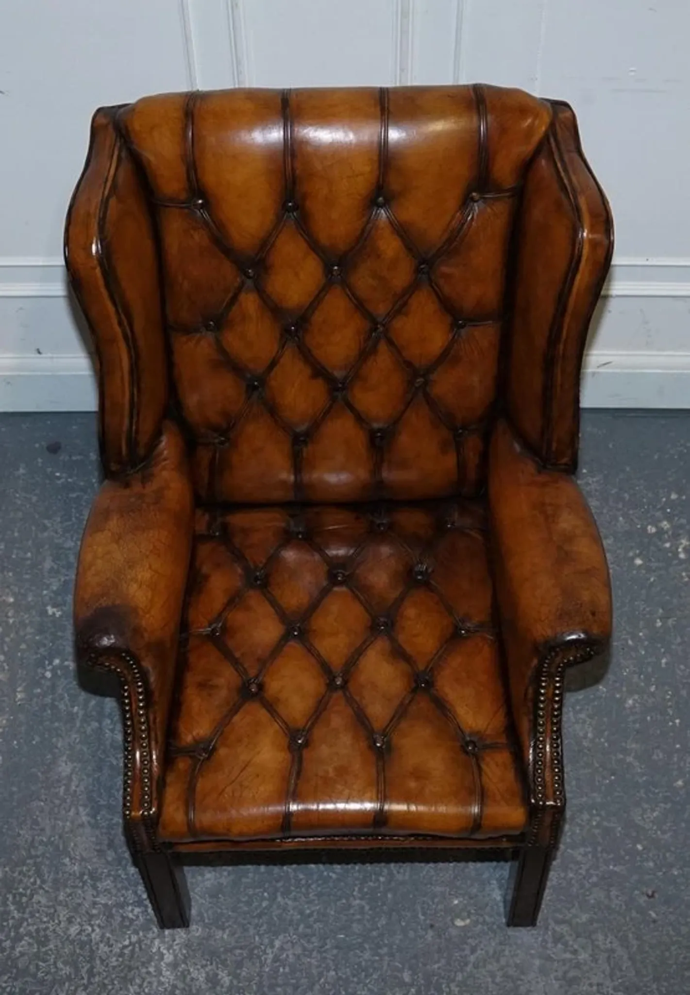 Chesterfield Wingback Armchair Set in Hand-Dyed Brown Leather, 1960s