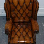 Chesterfield Wingback Armchair Set in Hand-Dyed Brown Leather, 1960s