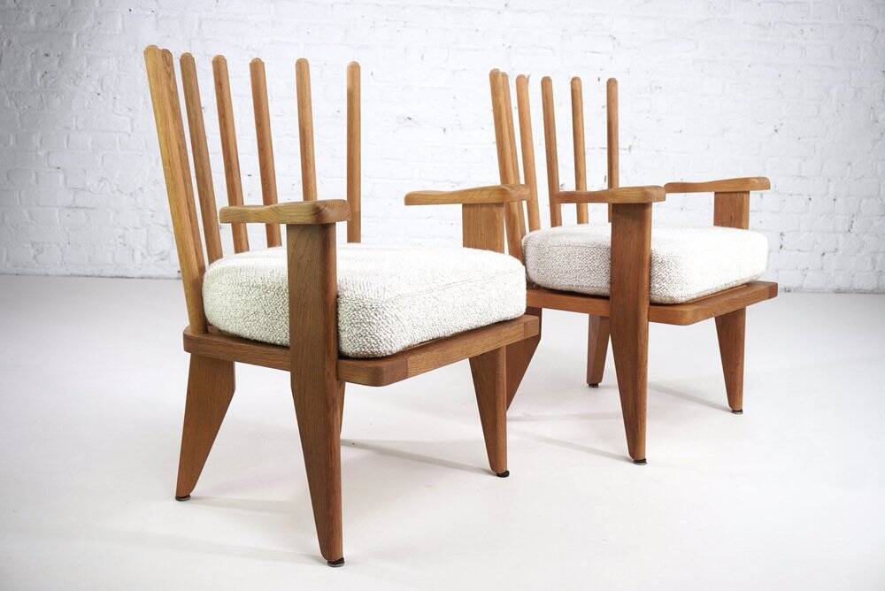 Oak and Fabric Dining Chairs Attributed to Guillerme&Chambron