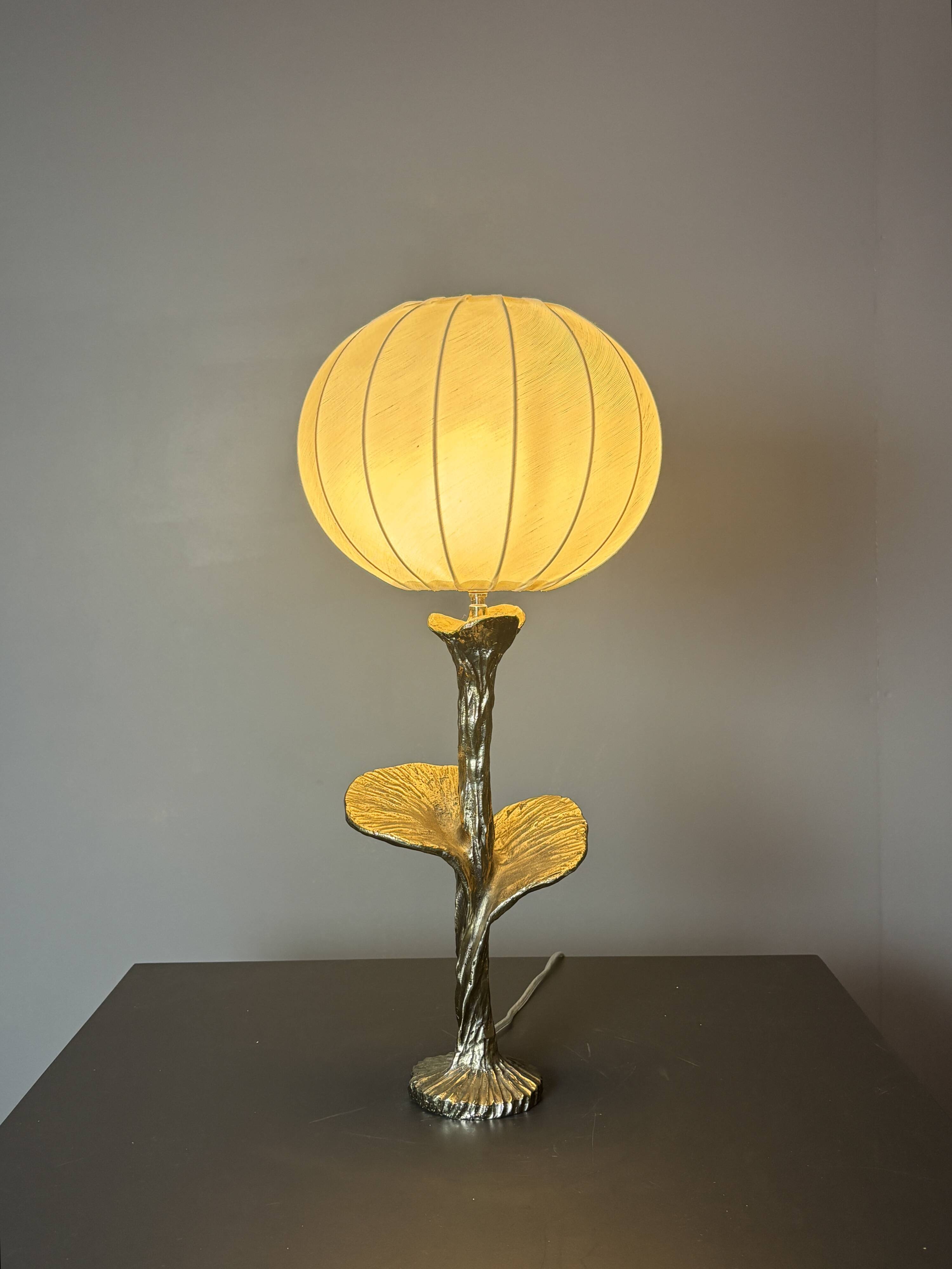 Solid brass silver custom made flower lamp with cocoon fabric shade, 1970s