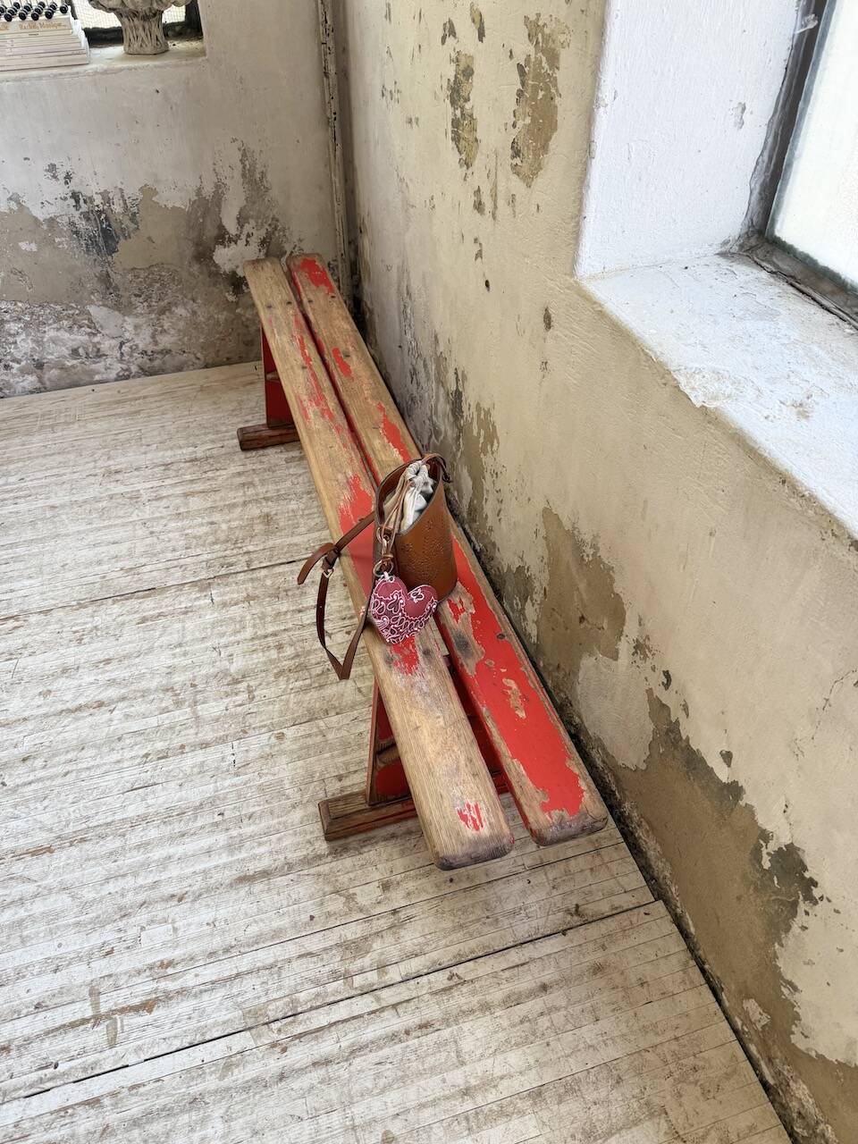 1950s oak bench with red patina, 2m