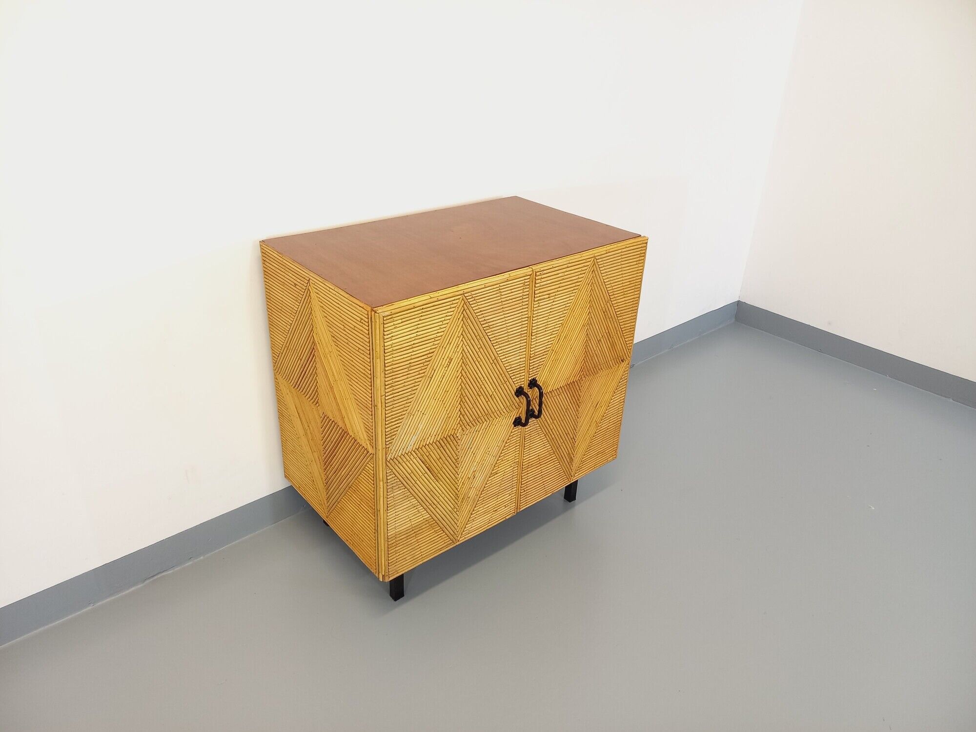 Vintage rattan, wood and metal storage cabinet from the 60s