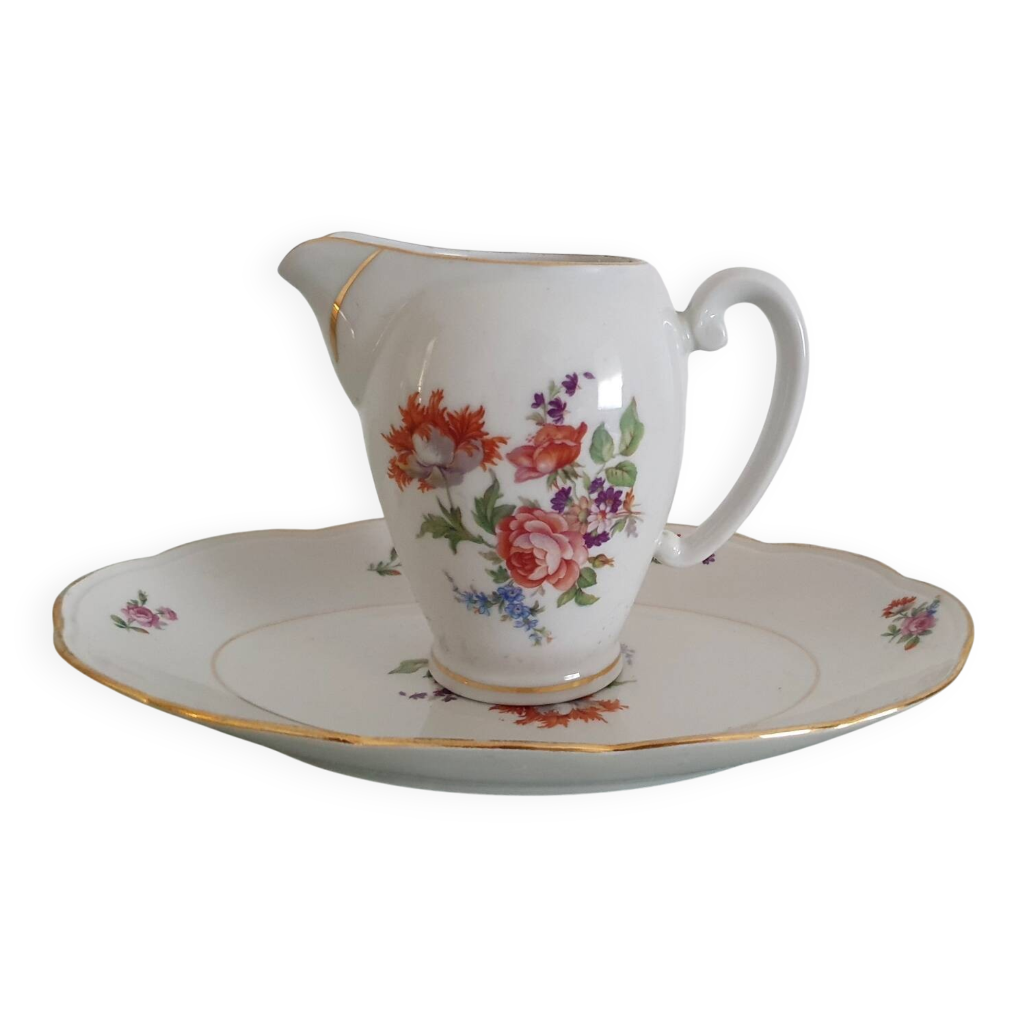 Pot à lait et son plat de présentation en porcelaine émaillée de Limog