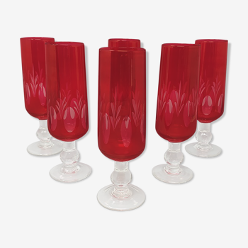 Set of six red bohemian cut crystal glasses 1960
