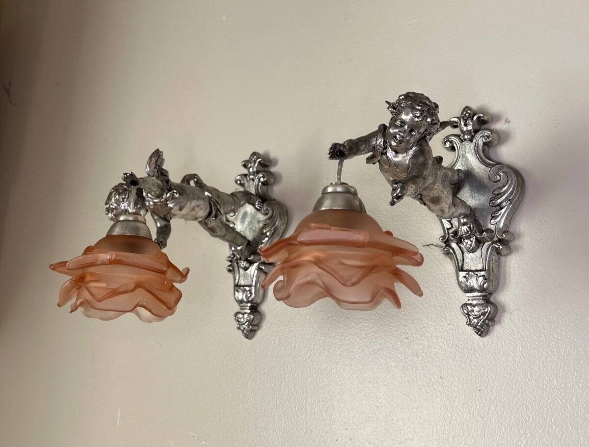 Pair of wall sconces, cherubs, angels, silvered