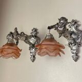 Pair of wall sconces, cherubs, angels, silvered
