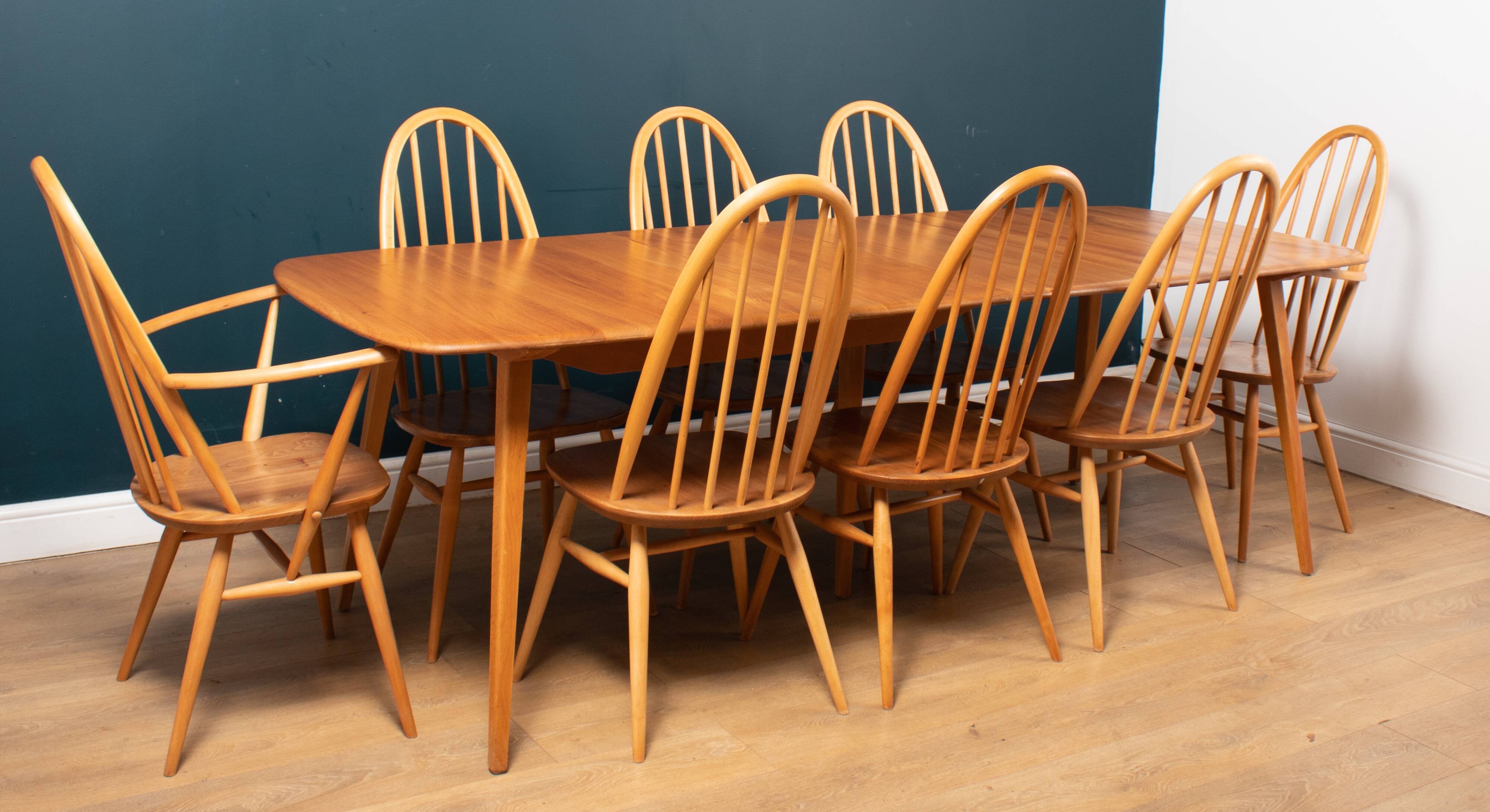 Vintage ercol elm model 445 grand plan dining table & 8 chairs including two carvers