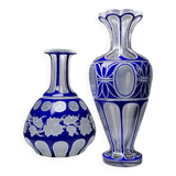 Pair of small crystal vases "overlay" cut with antique blue and white enamel