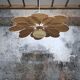 Suspension old opaline globe and petals linen and rattan