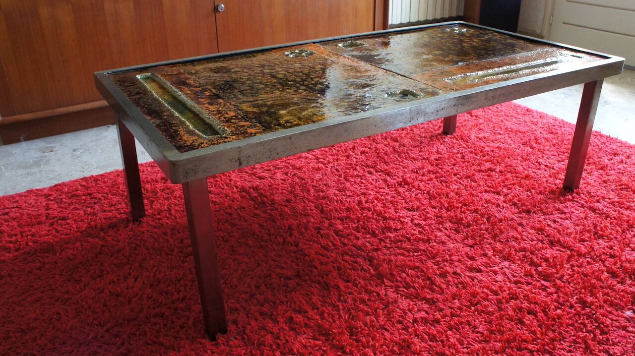 Coffee table by Robert and Jean Cloutier in steel and enameled lava stone Vintage 1950