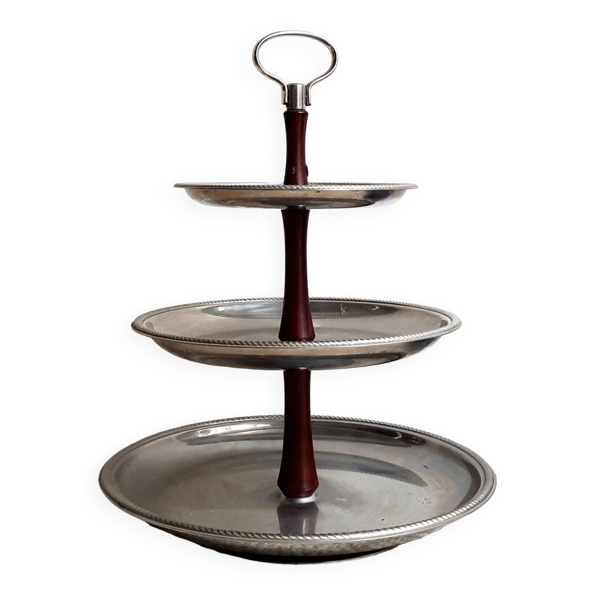 3-tier rotating dessert tray by Alessi Fratelli mod. Alfra Stainless Steel and Rosewood 1970