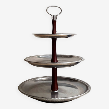 3-tier rotating dessert tray by Alessi Fratelli mod. Alfra Stainless Steel and Rosewood 1970
